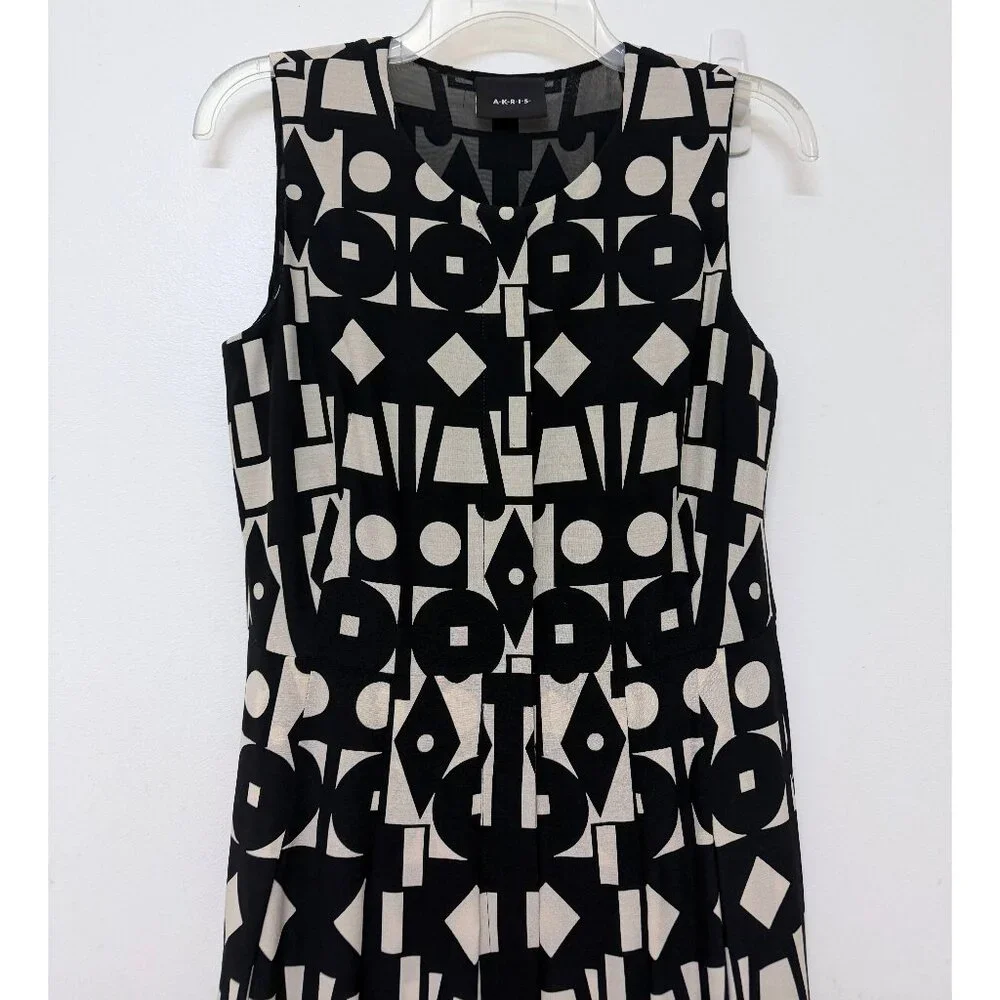 Akris Kaleidoscope Print Maxi Dress Pleated Black White Geometric Wool Silk 6 - Picture 5 of 16